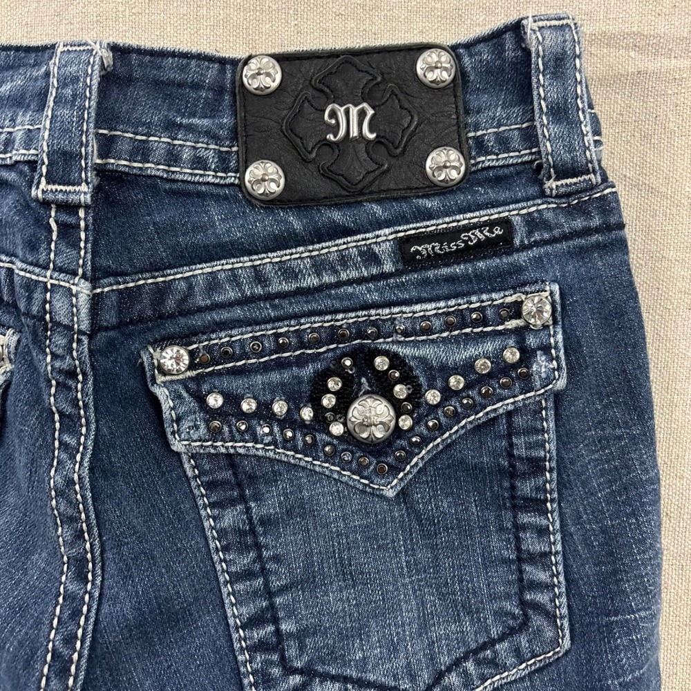 Miss Me Bootcut Jeans Womens 26 Blue Dark Wash Rhinestone Flap Pocket Buckle